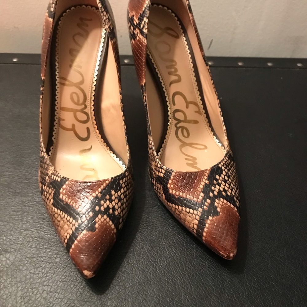 Brown snake skin Sam Edelman pumps, gently used, few flaws.